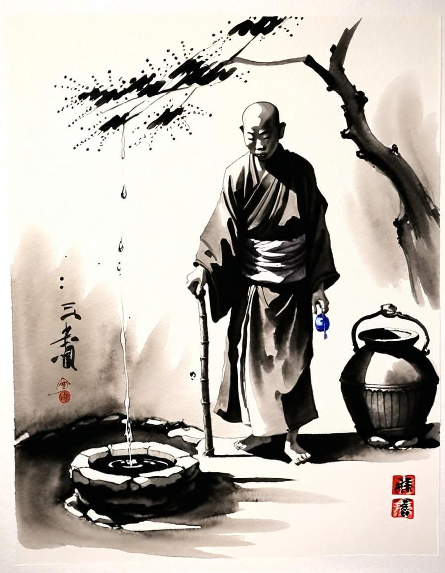 Monk at Well in Sumi-e Ink Style