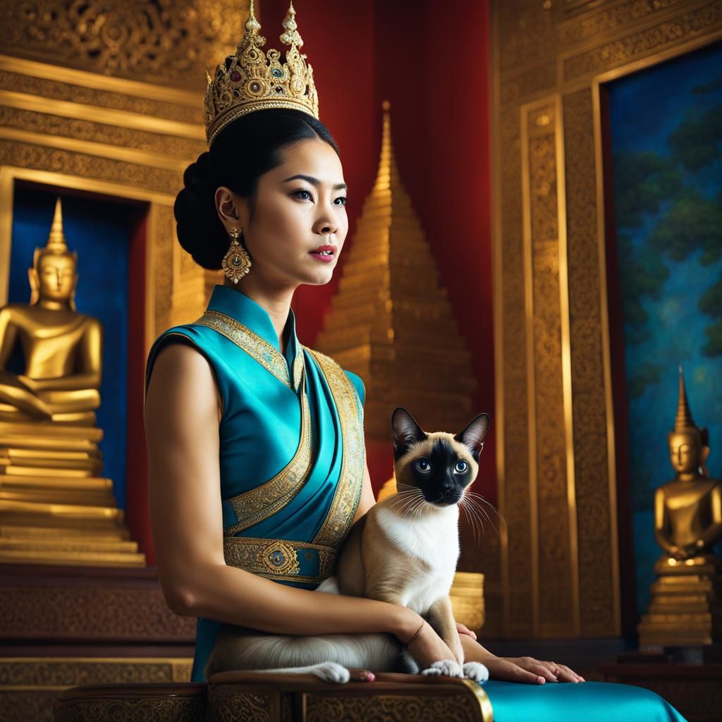 Queen Sirikit with Siamese Cat: Hyperrealistic Portrait