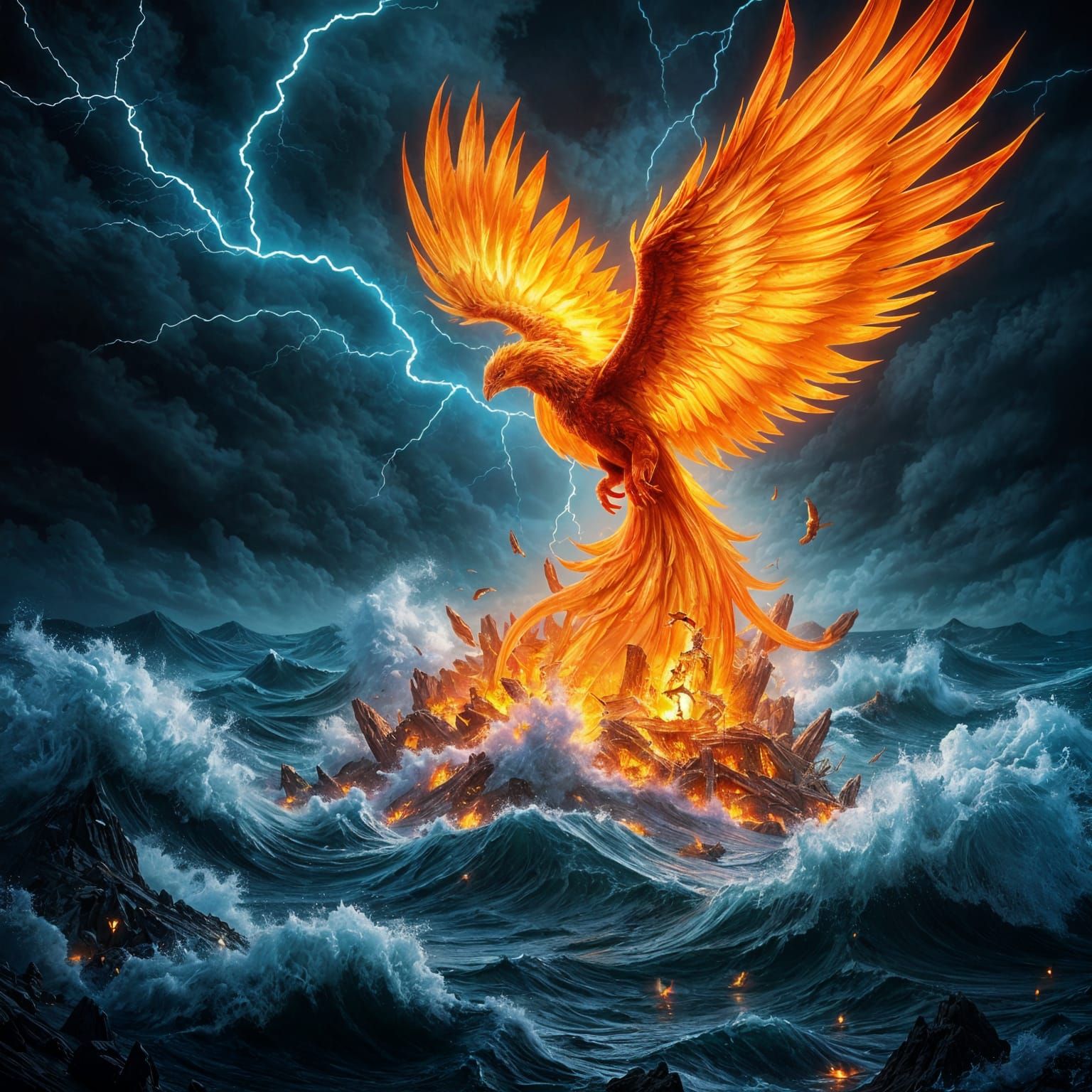 Majestic Phoenix Ascends from Fiery Ashes Amidst Turbulent O...