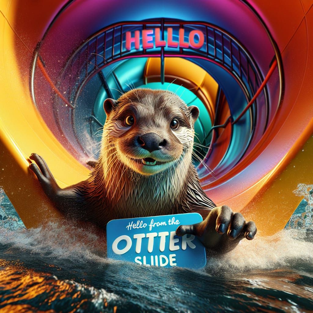Hyperrealistic Otter Slides Down with Greeting Sign