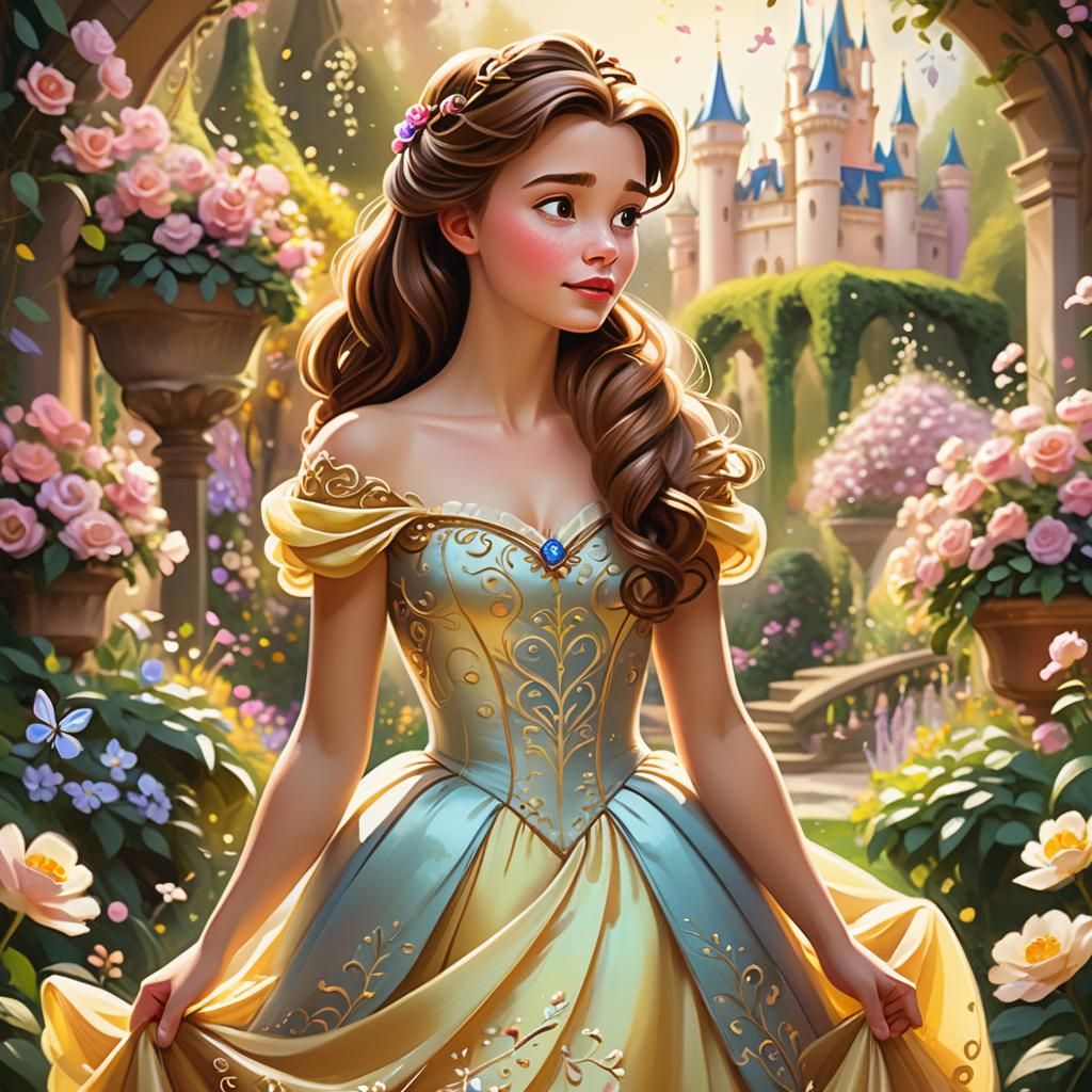 Belle in Lush Garden: Whimsical Digital Painting