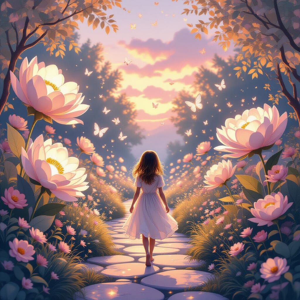 Whimsical Garden at Twilight with Glowing Flowers and Light ...