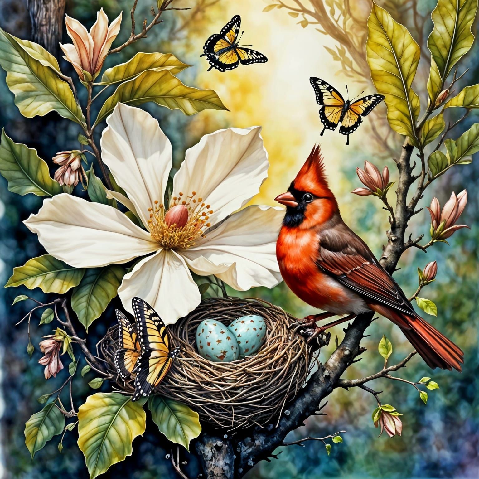 Male Cardinal Guards Nest with Magnolia Blooms and Butterfli...