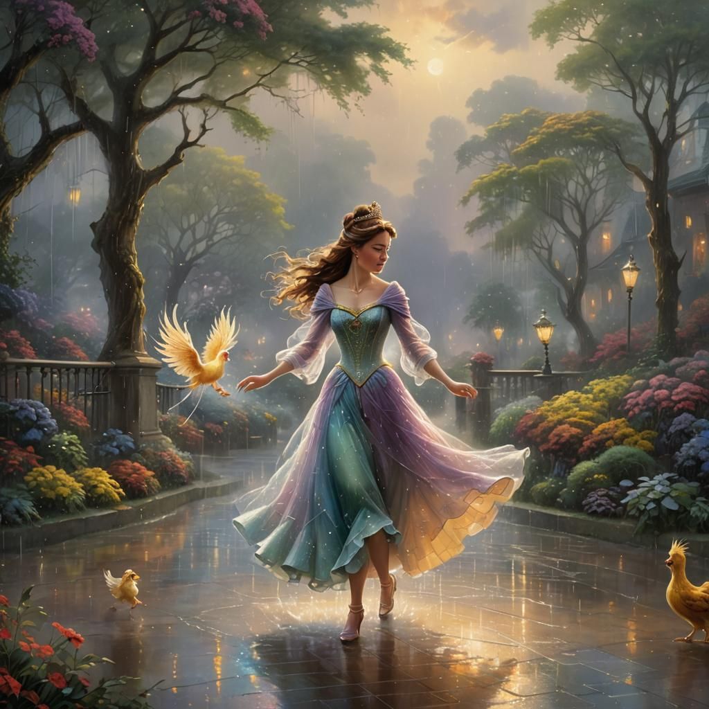 Princess Dancing in Rain with Phoenix: Kinkade Style