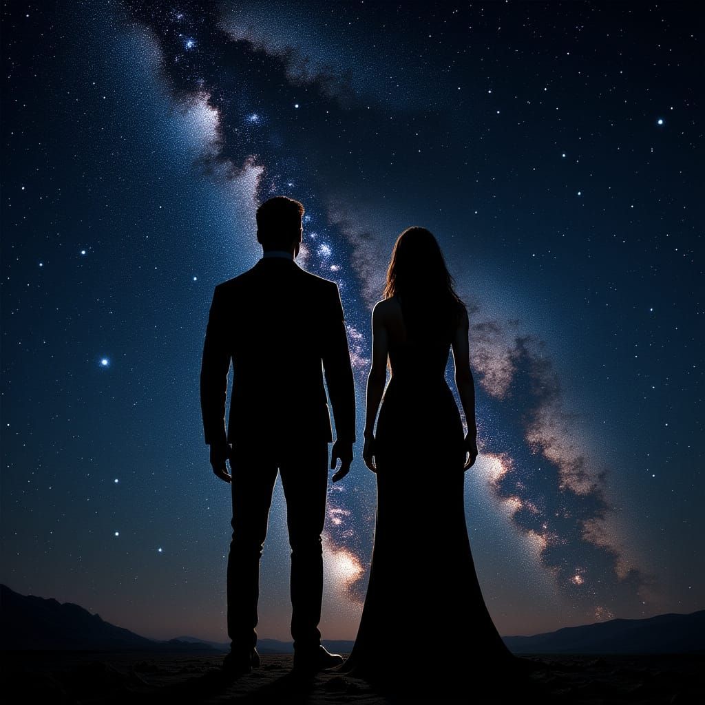 Couple Silhouetted Under Epic Galaxy Sky