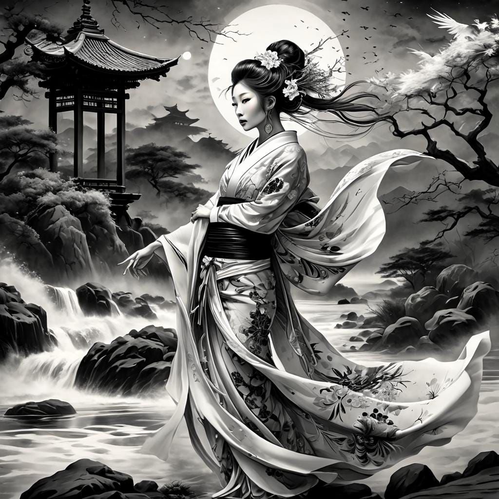Elegant Japanese Girl Dancing in Sumi-e Style