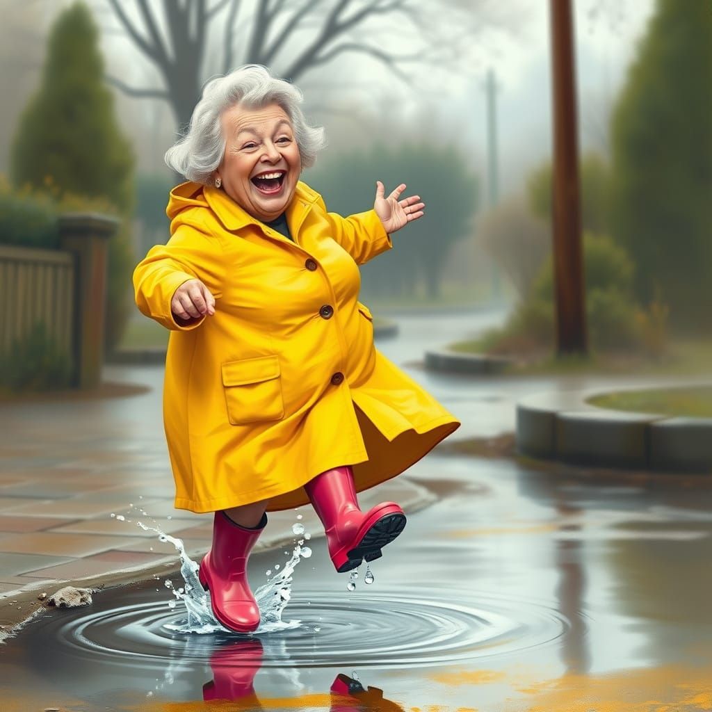 Joyful Old Lady Splashing in Puddle, Realistic Style
