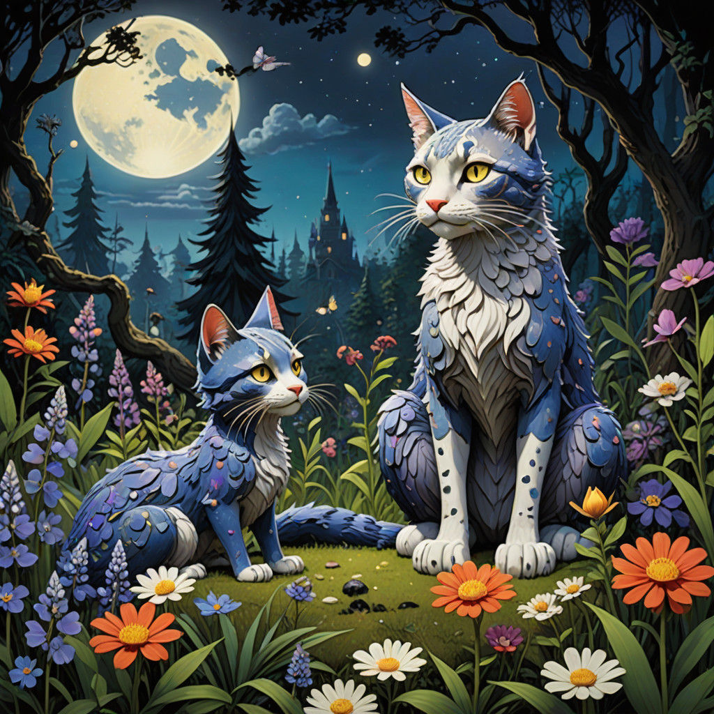 Mysterious Feline and Lupine Figures in Dark Fantasy Realm