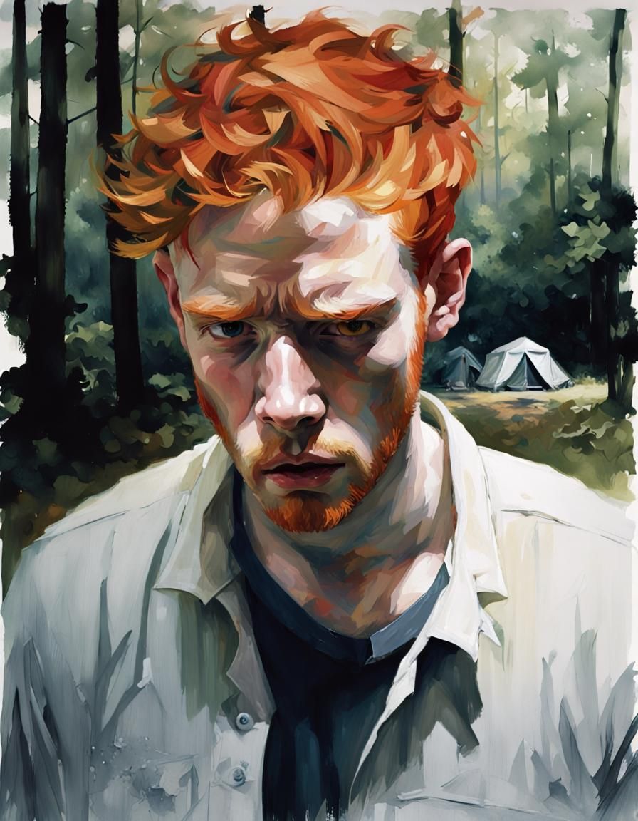 Intimidating Ginger Counselor Portrait in Mixed Media Style