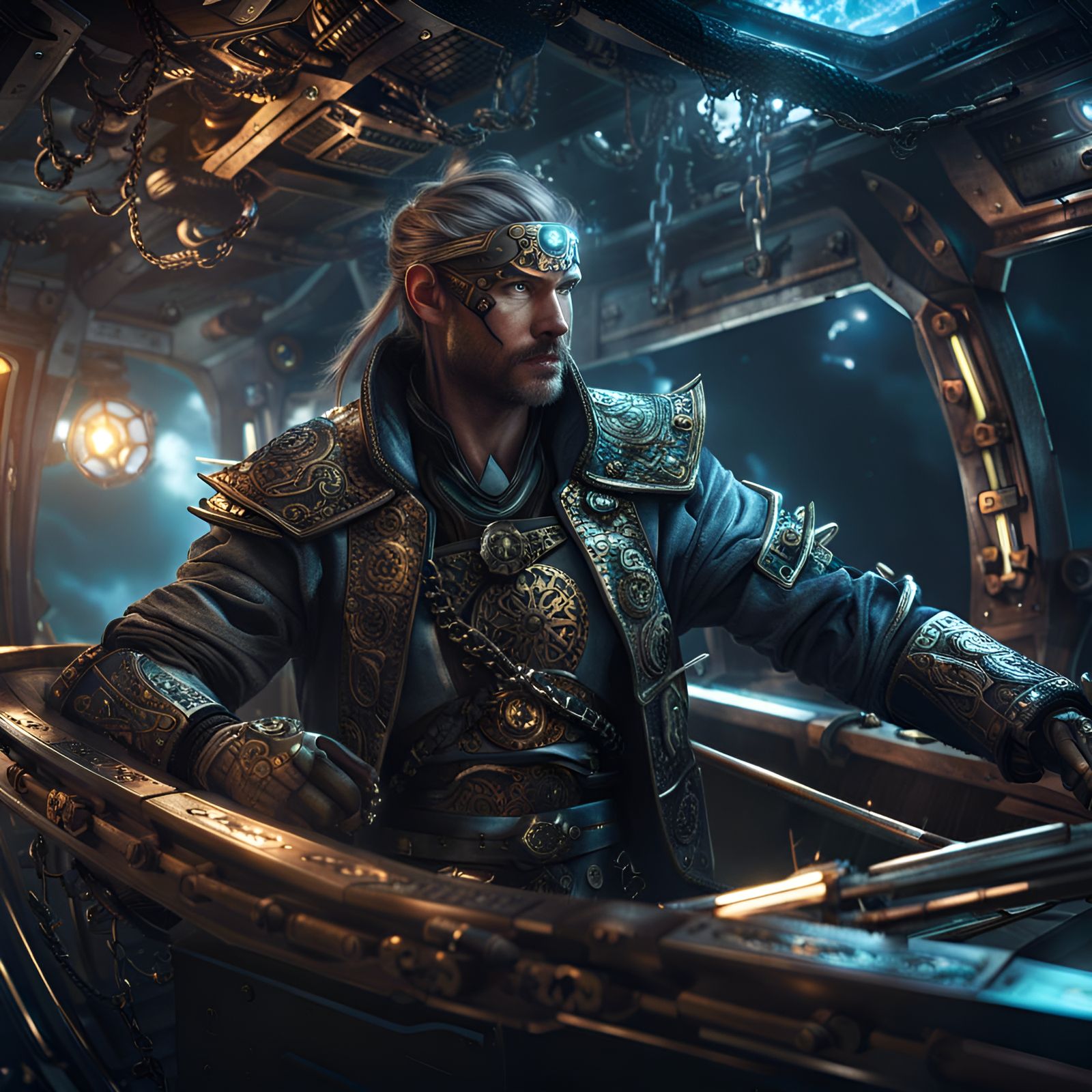 Space Pirate With Saber on Futuristic Boat