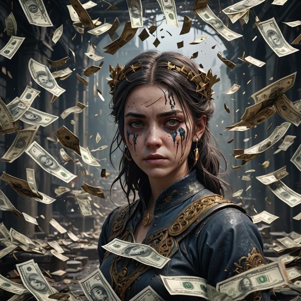 Sorrowful Girl Made of Money: Detailed Matte Painting