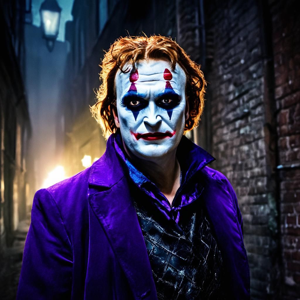 Ethereal Jester in Noir Purple Jacket, Smoky Alleyway