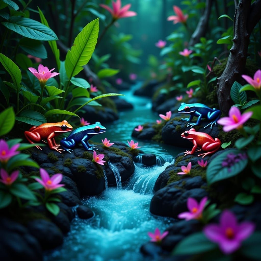 Neon Poison Frogs by Blue Waterfall in Macro Style