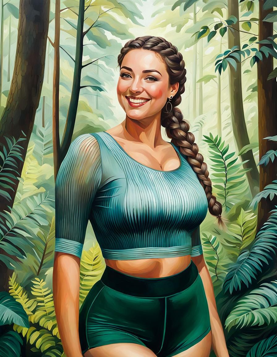 Brunette Woman Exploring Lush Forest in Oil Painting