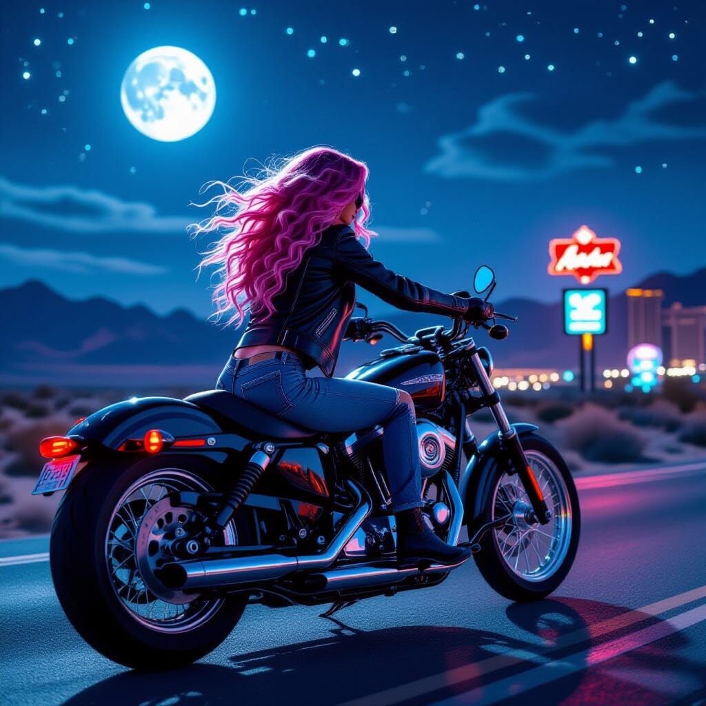 Motorcycle Rider at Night in a Cosmic Mixed Media Style