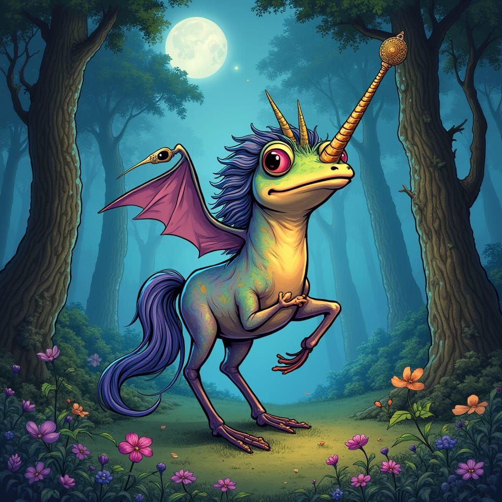 Whimsical Frog Unicorn in a Dreamlike Forest Scene