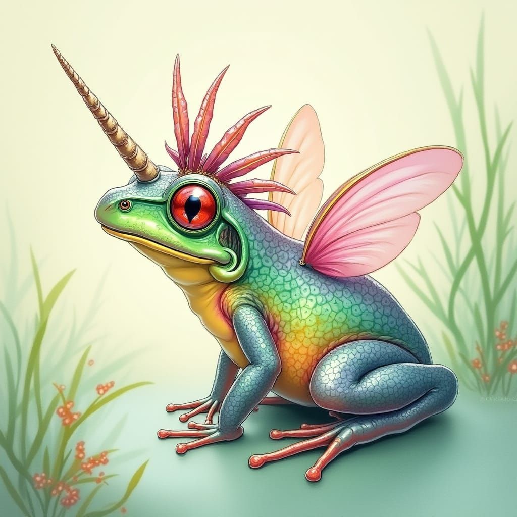 Mythical Frog Unicorn in Whimsical Watercolor Style