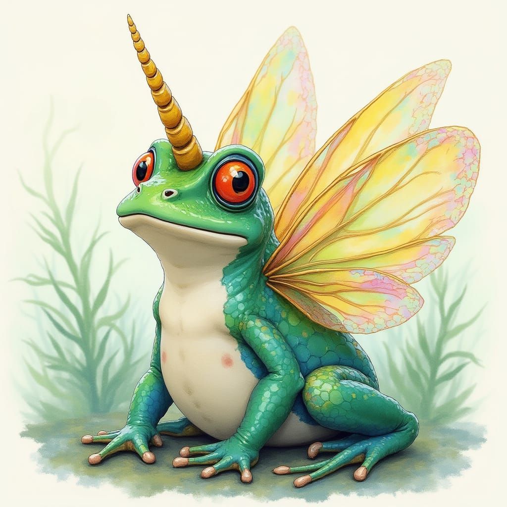 Surreal Frog Unicorn in Whimsical Watercolor Style