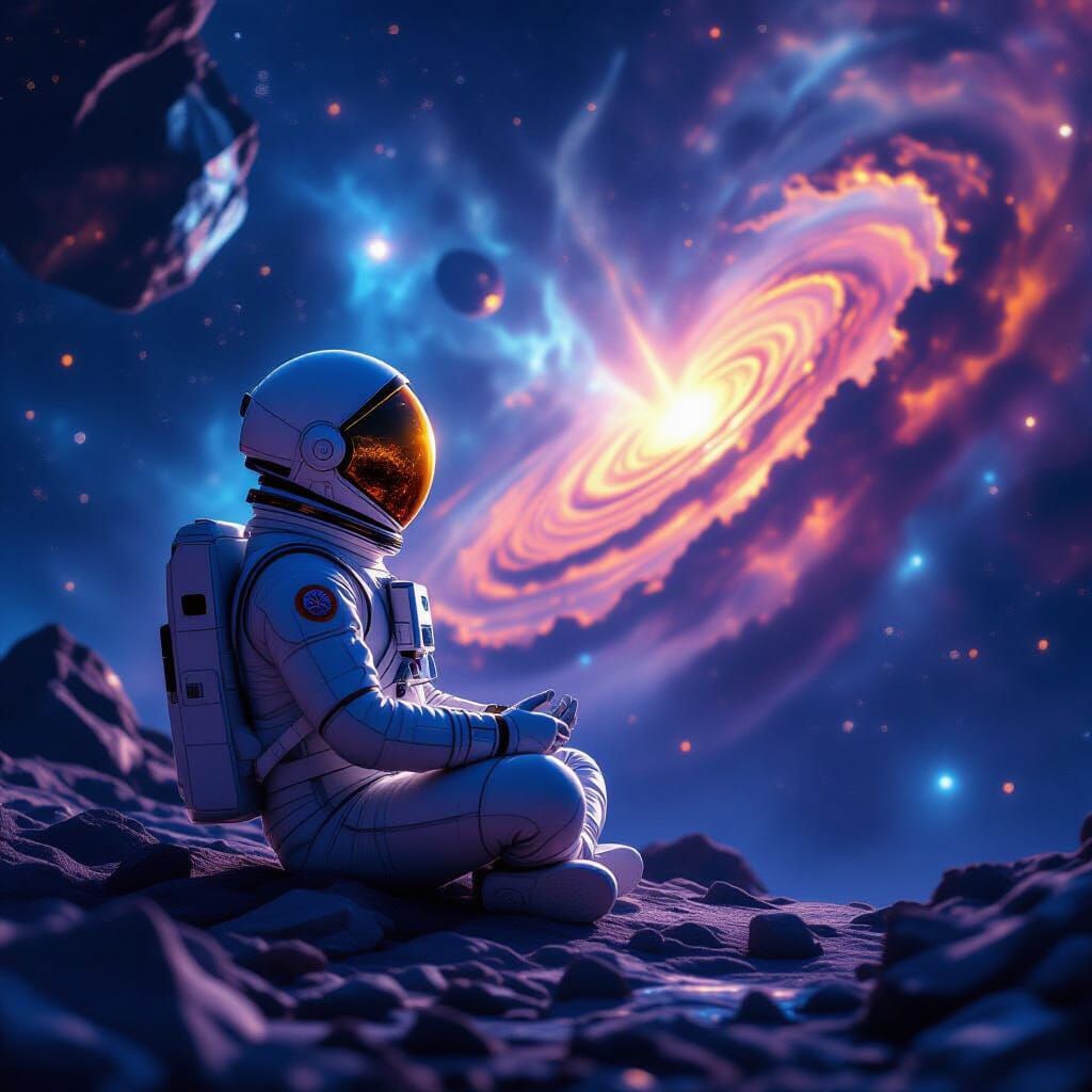 Astronaut Meditating on Crystalline Asteroid in Cosmic Nebul...
