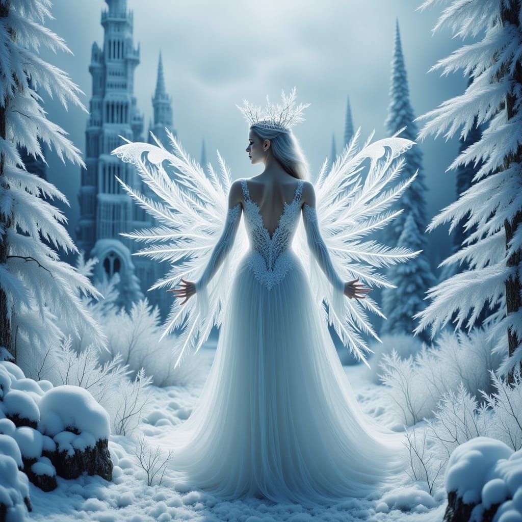 Regal Snow Fairy Queen in Majestic Winter Kingdom Landscape
