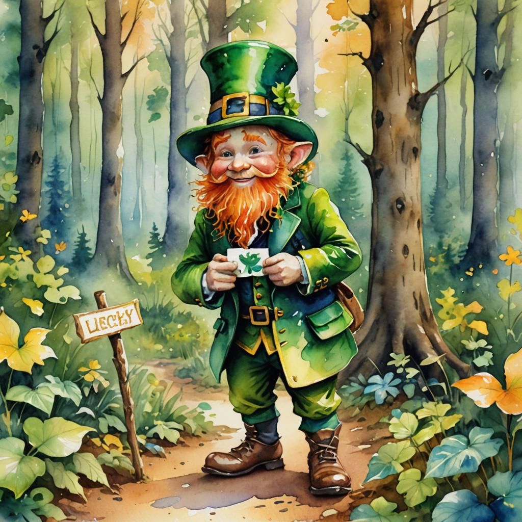 Leprechaun Holding Lucky Sign in Watercolor Forest