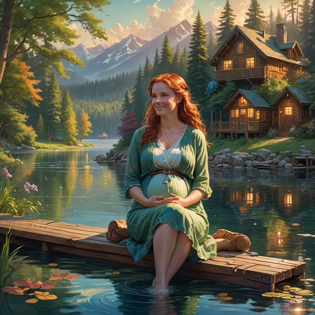 Redhead's Lakeside Serenity: Fantasy Concept Art