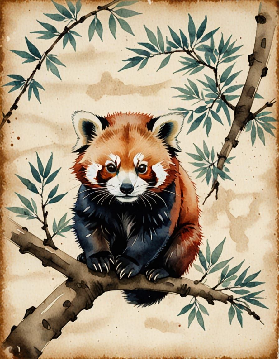 Red Panda on a Branch in Japanese Watercolour Style