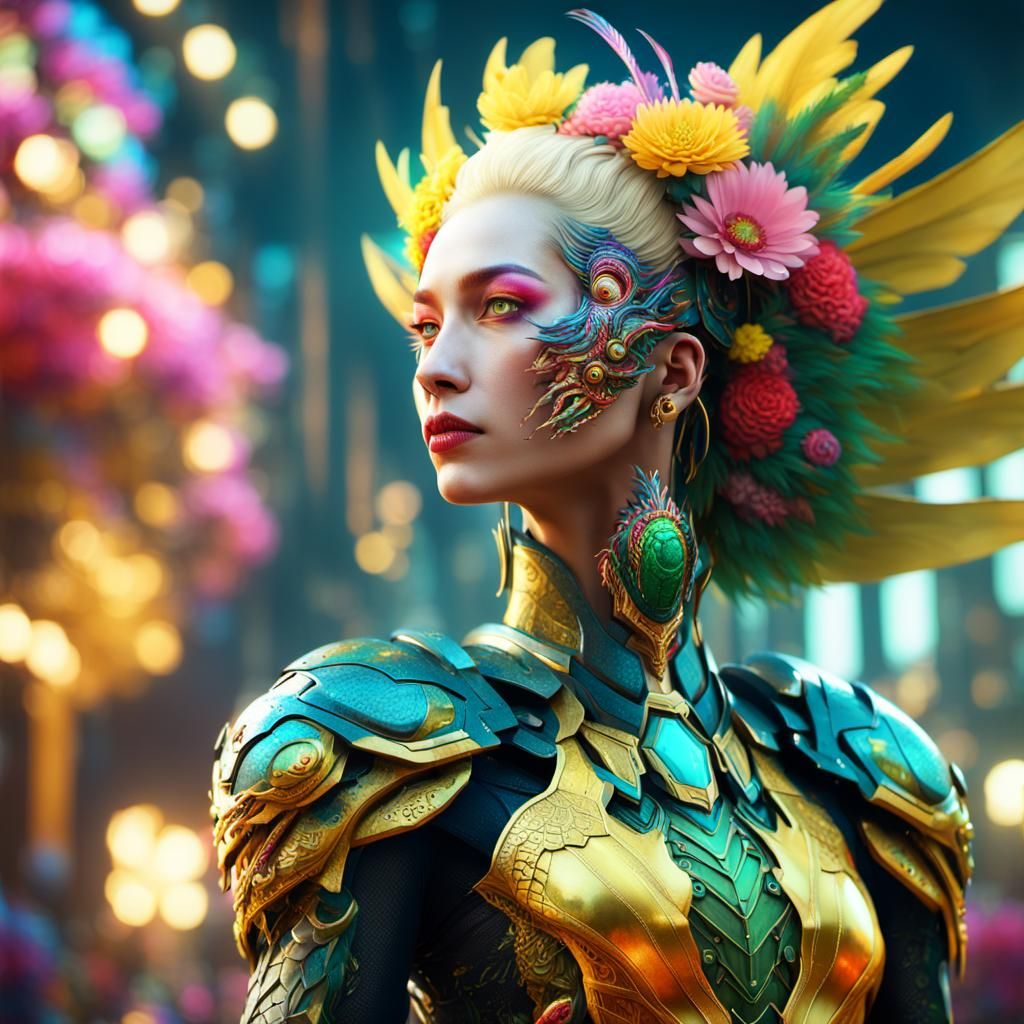 Sci-Fi Dragon Peacock Woman in Cyberpunk Style