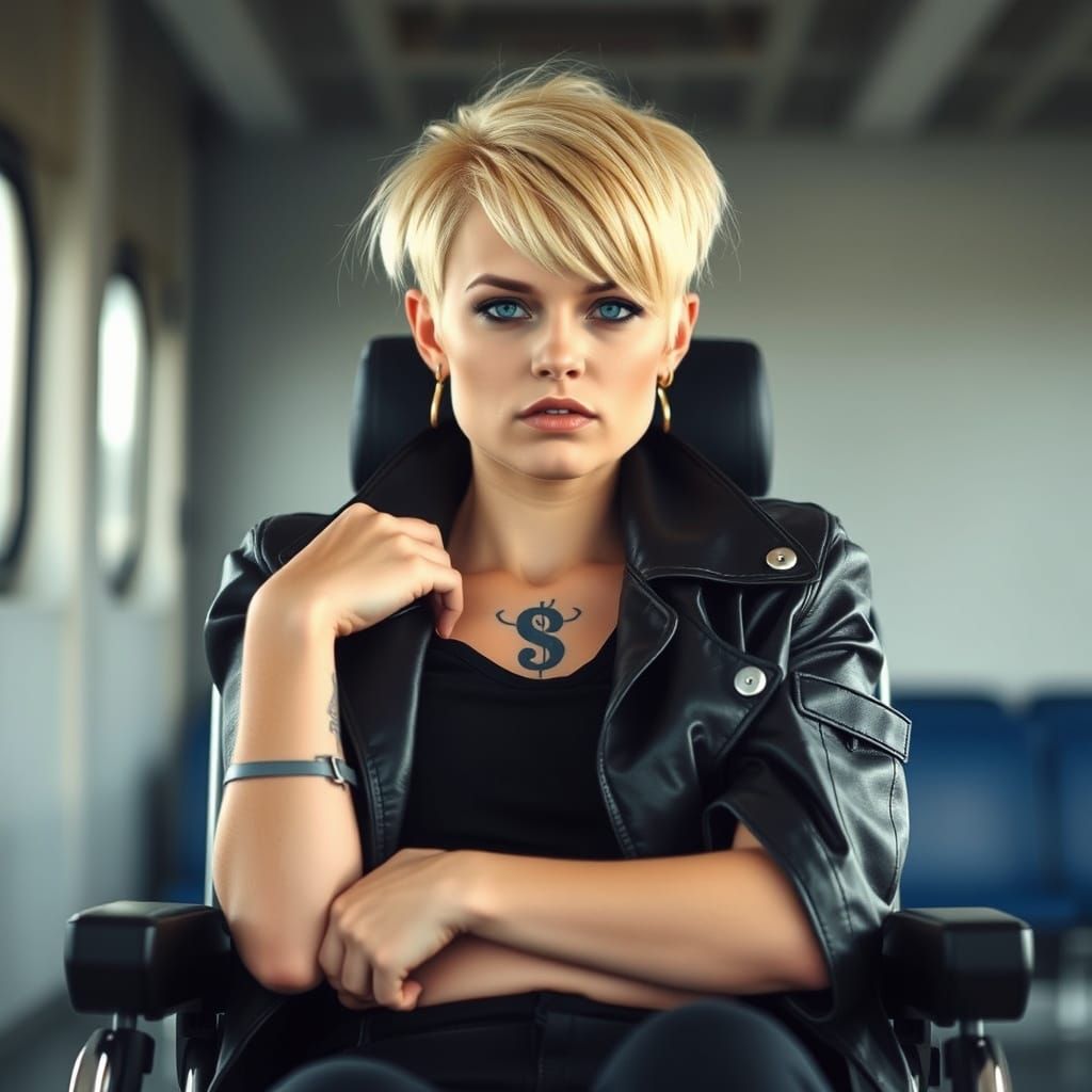 Blonde Punk Woman in Electric Wheelchair with 8 Tattoo
