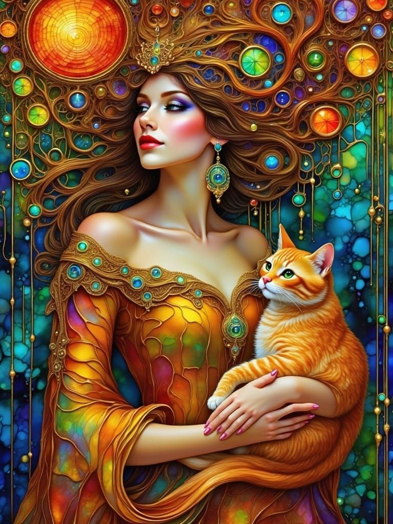 Woman with Cat in Gustav Klimt Art Nouveau Style