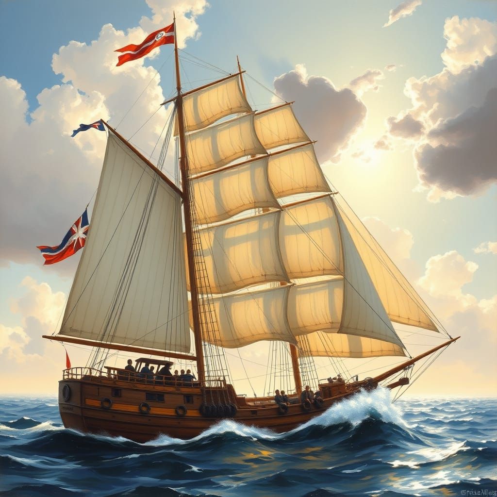 Detailed Oil Painting of a Sailing Ship