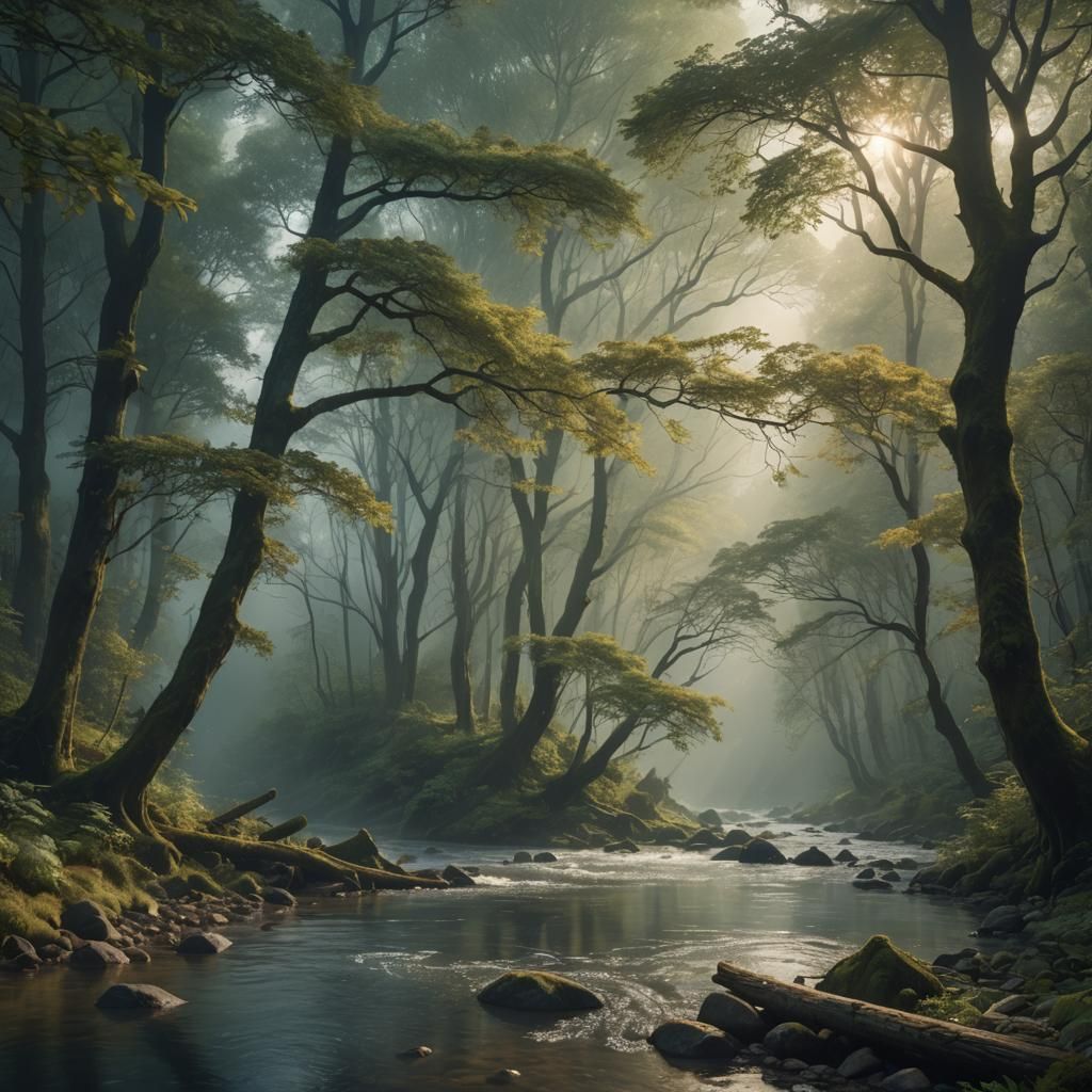 Misty Forest River in Soft Cinematic Lighting