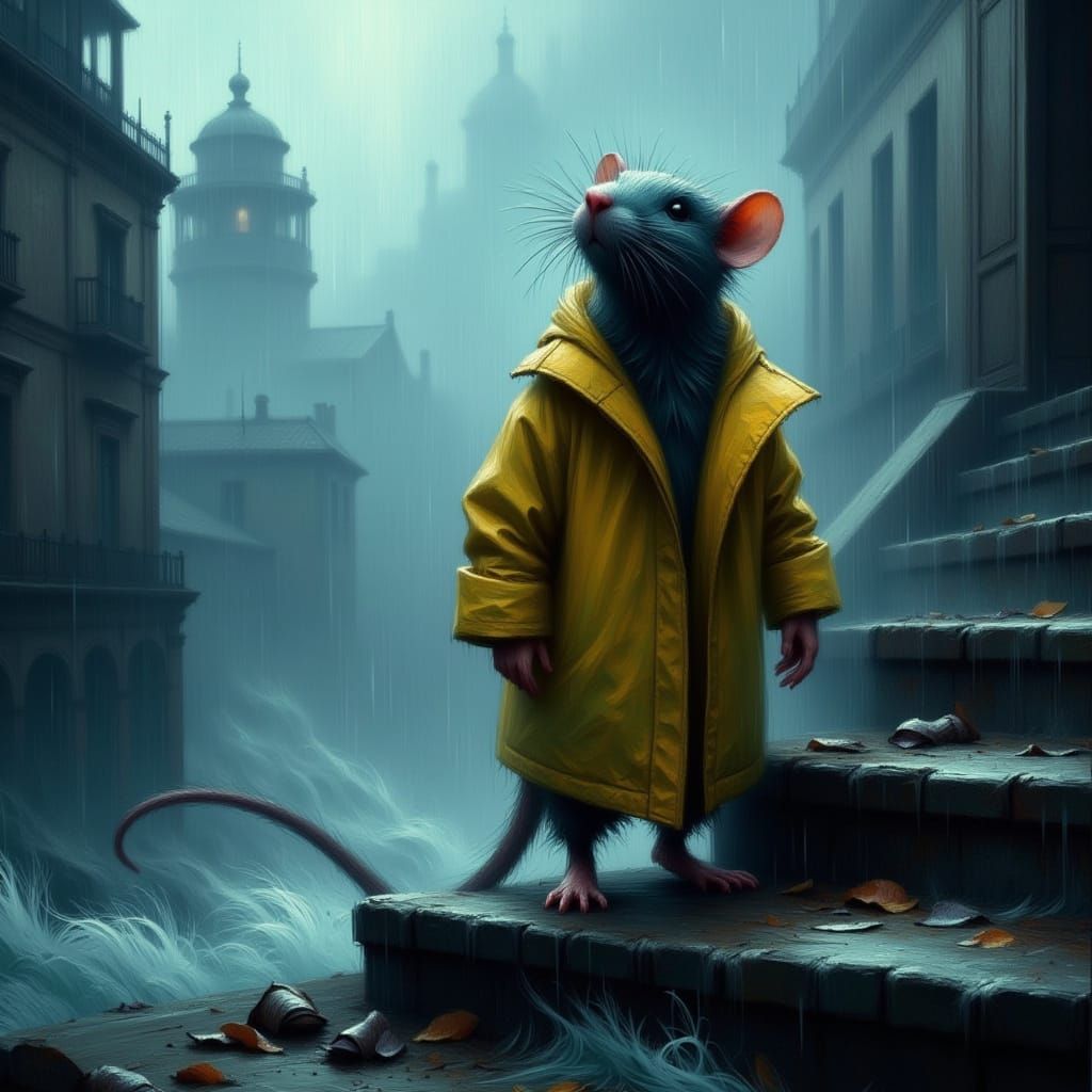 Rat in a Yellow Raincoat Struggles on a Lighthouse Floor