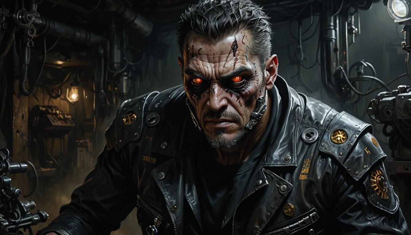 realistic oil painting of malevolent psychopath, the leader of a corrupt and foul natured, expert biker mechanic crew, w...