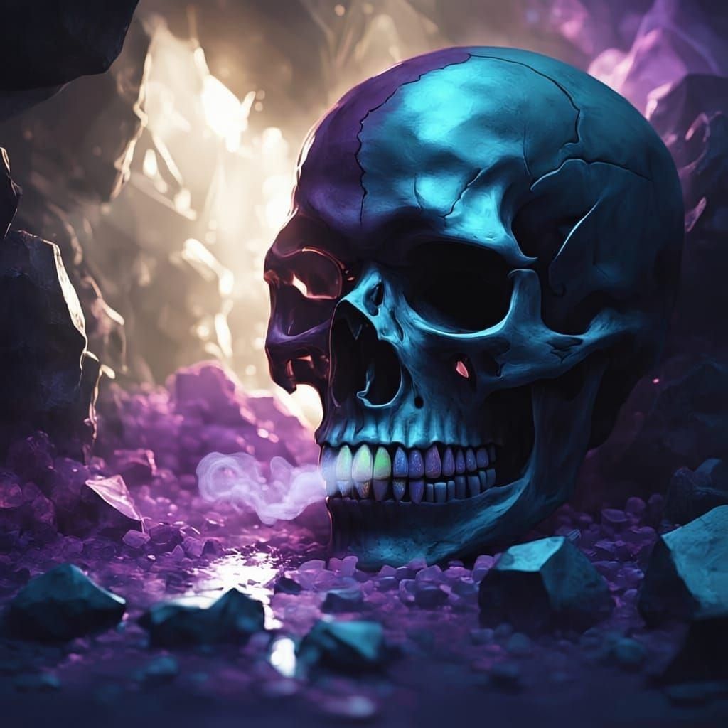 Skull Blowing Smoke Surrounded by Crystal Stones