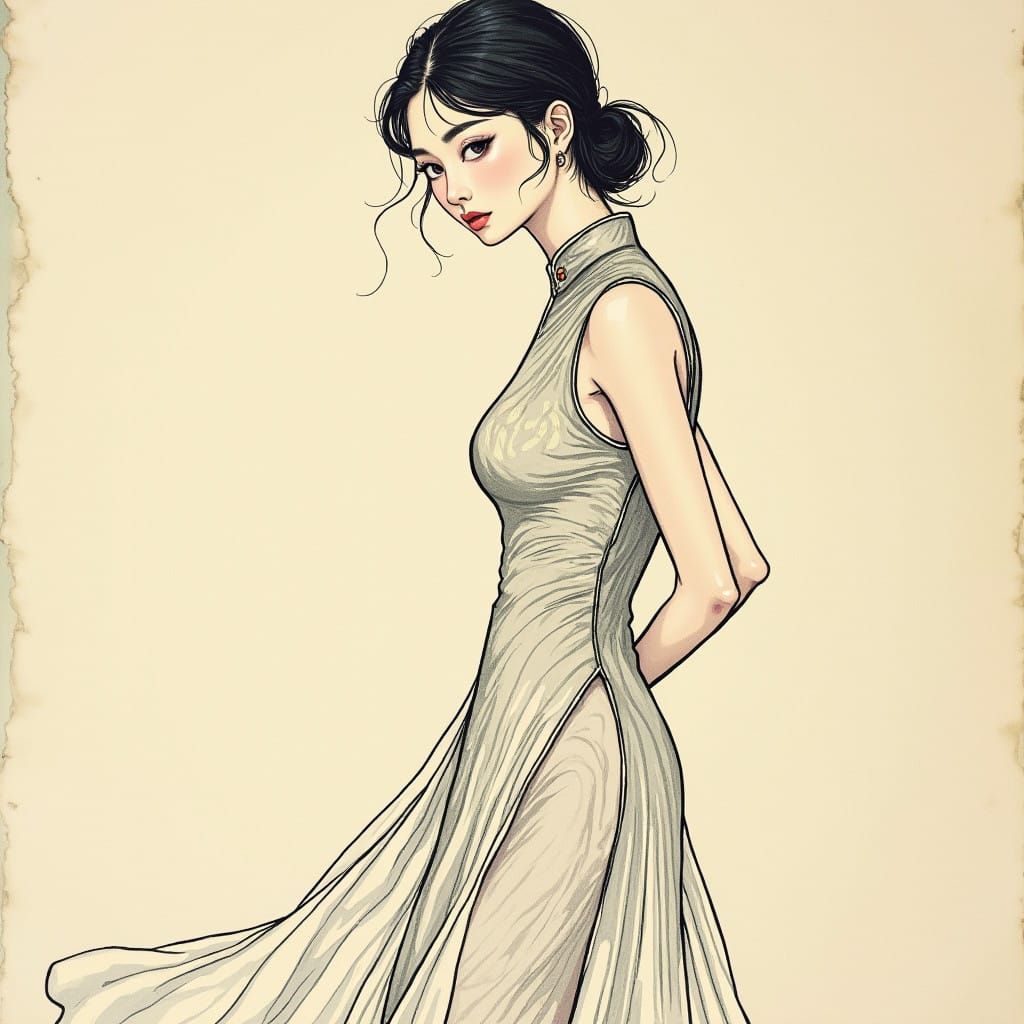 Asian Art Nouveau Beauty in Pen and Ink