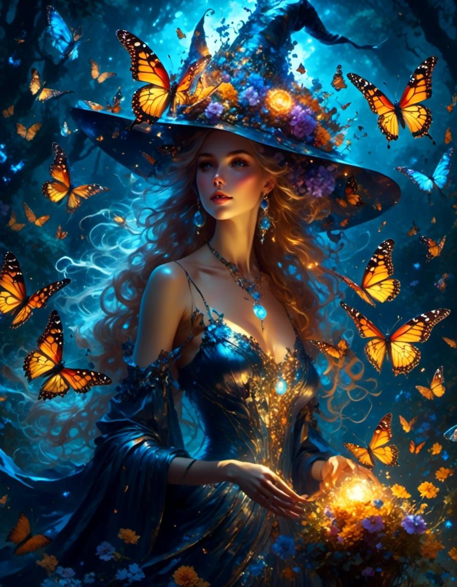 Sunlight Witch with Butterflies in Cyberpunk Style