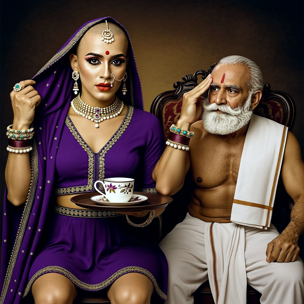 Androgynous Man Serving Tea in Rich Cinematic Style