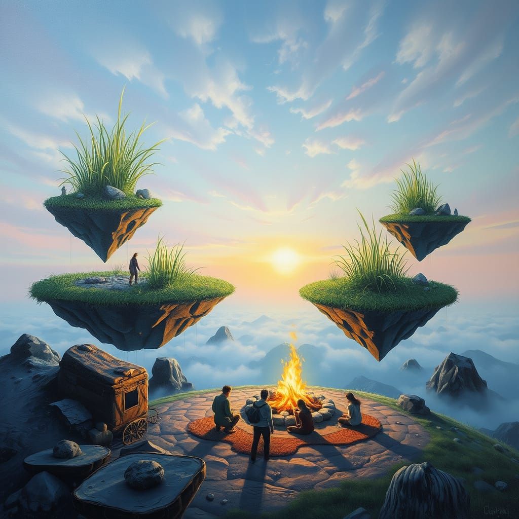 Dreamscape with Floating Islands in Oil Painting Style