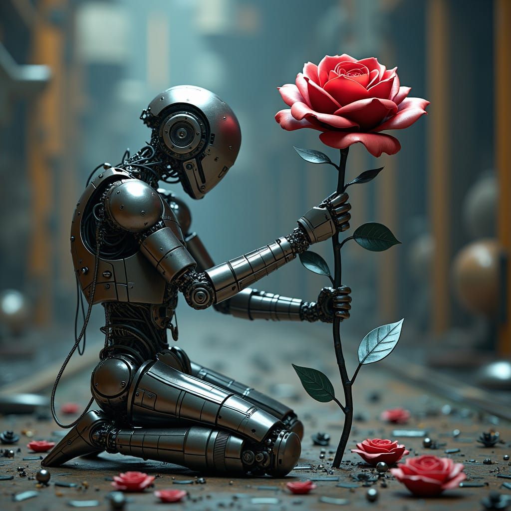 Cyborg Crafts Majestic Metal Rose in Futuristic Landscape