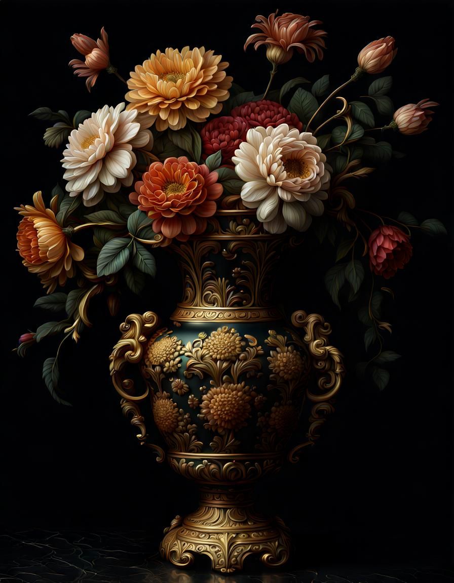 Baroque vase flowers still life