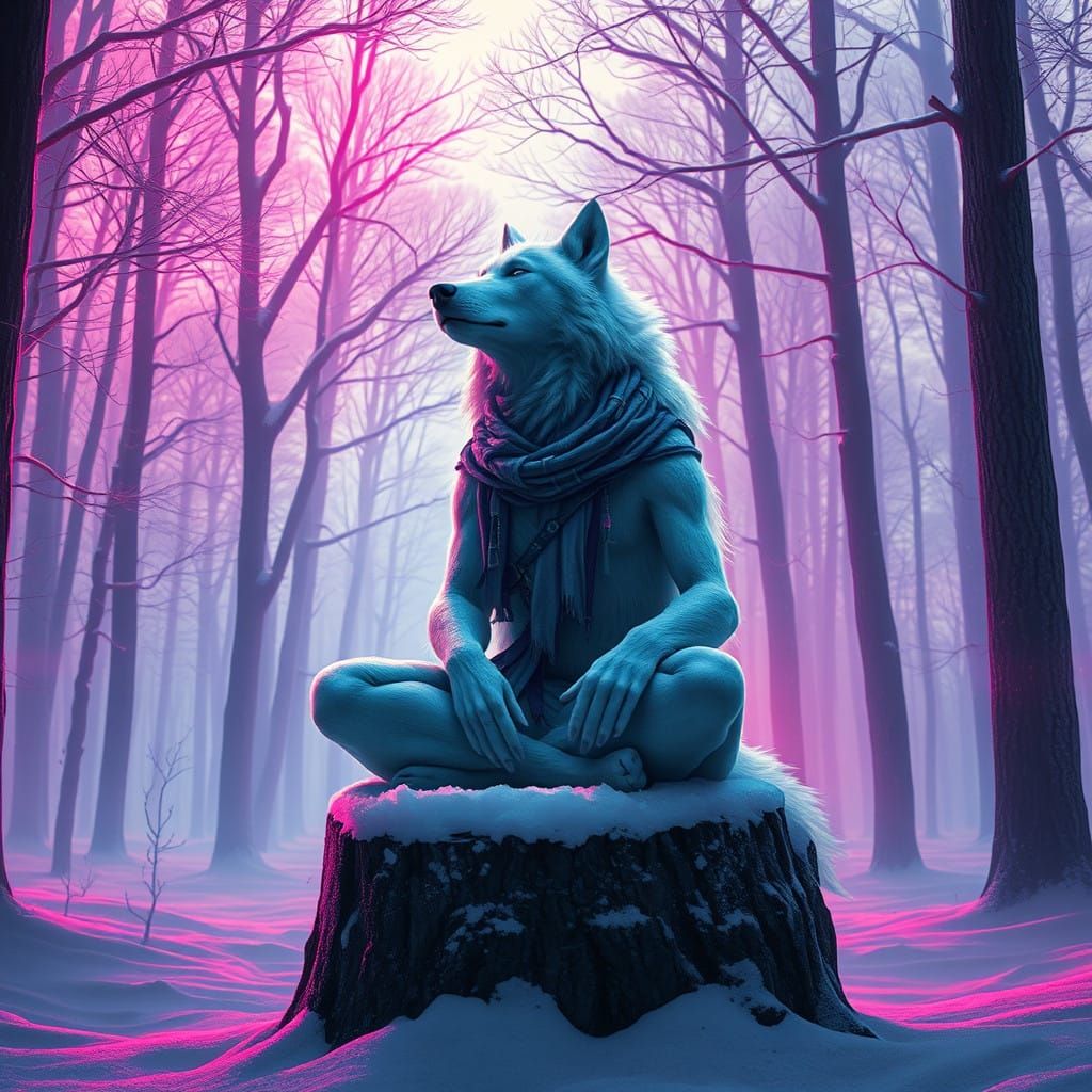 Meditative White Werewolf in a Cyberpunk Winter Forest