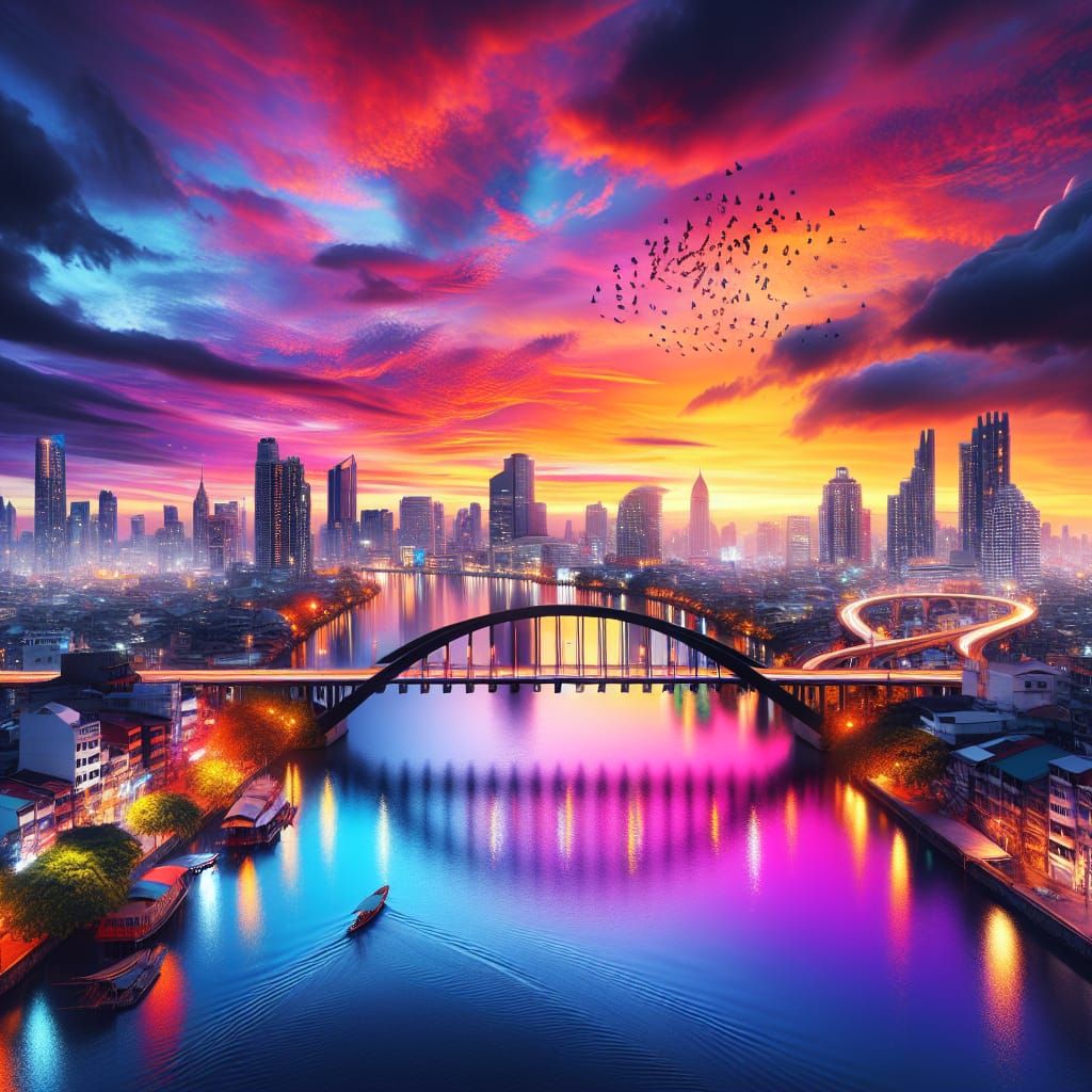 Vibrant Cityscape at Sunset with Reflective Water