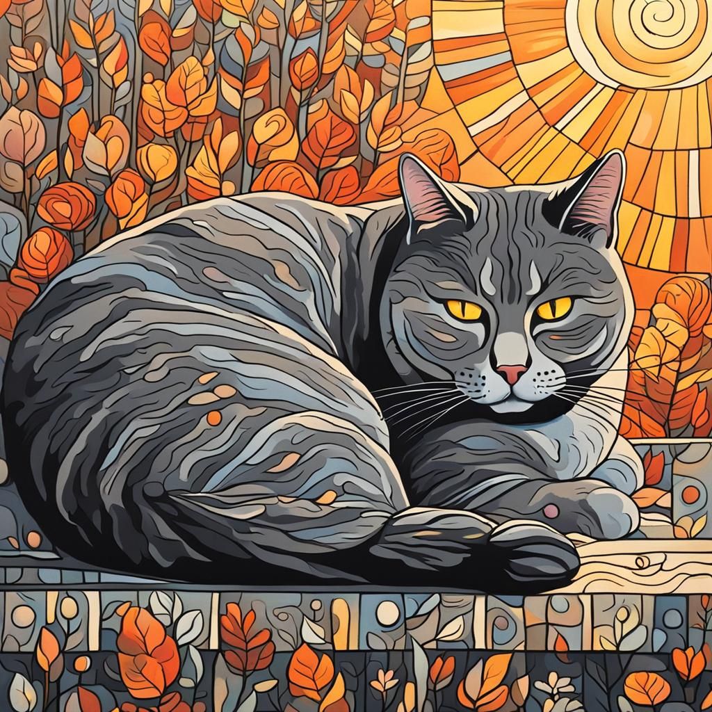 Cozy Gray Cat in Sunlight: Abstract Art