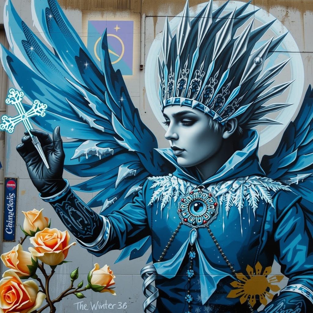 An artist creates  a Street art  graffiti mural of Jack Fros...