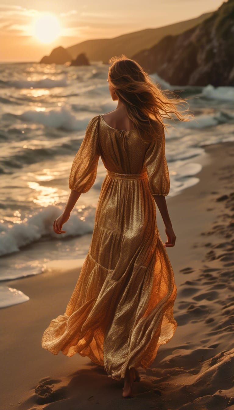 Woman in Golden Dress at Sunset, Hyperrealistic