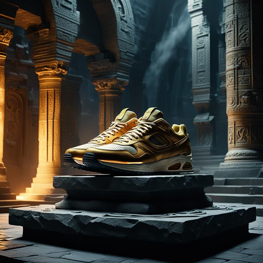 Sneaker in Ancient Temple: Cinematic Digital Art