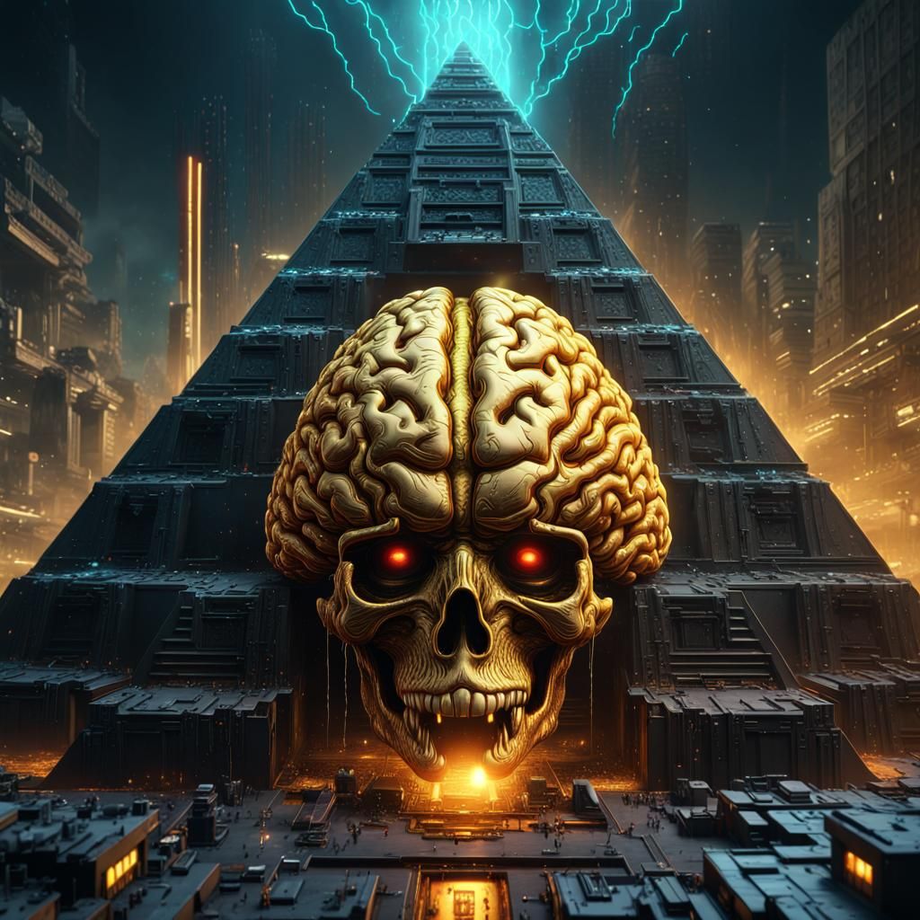Golden Brain Emerges from Cyberpunk Pyramid