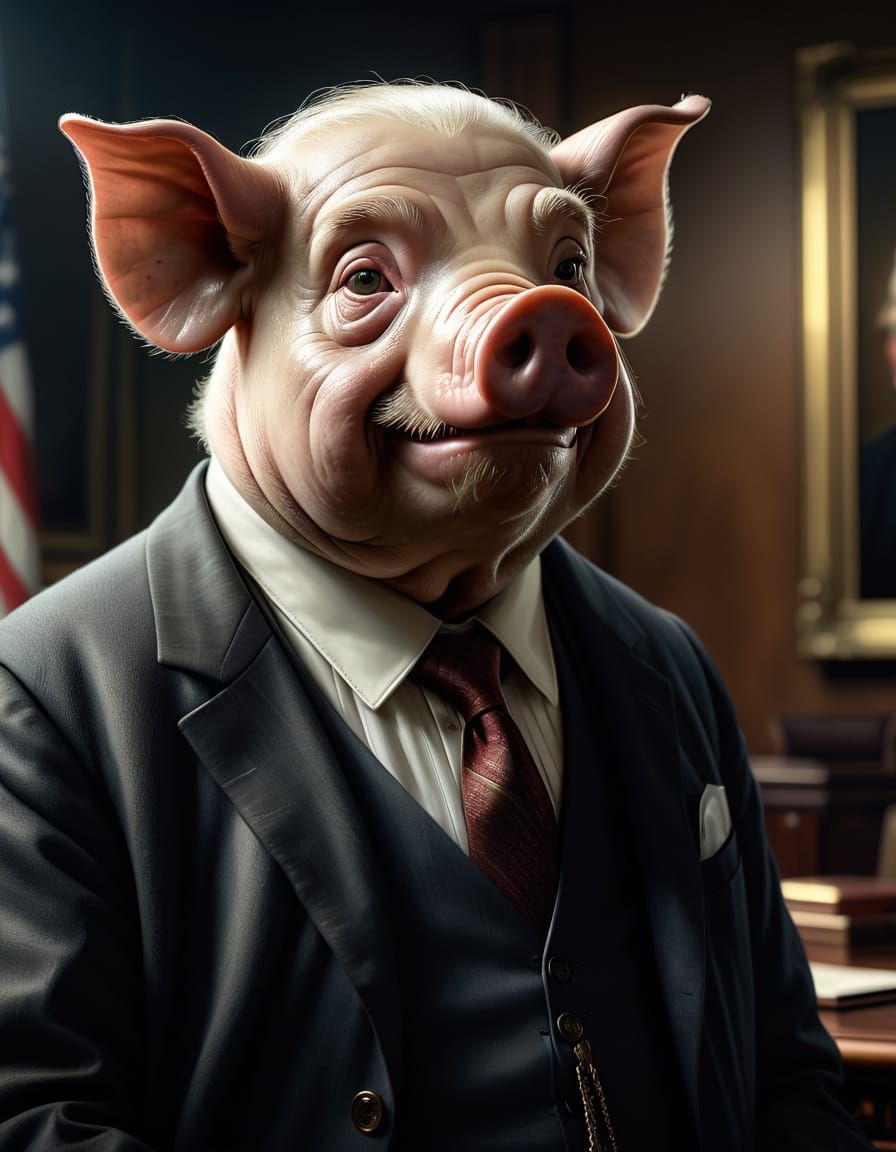 Grotesque Pig in Oval Office, Rembrandt Lighting Style
