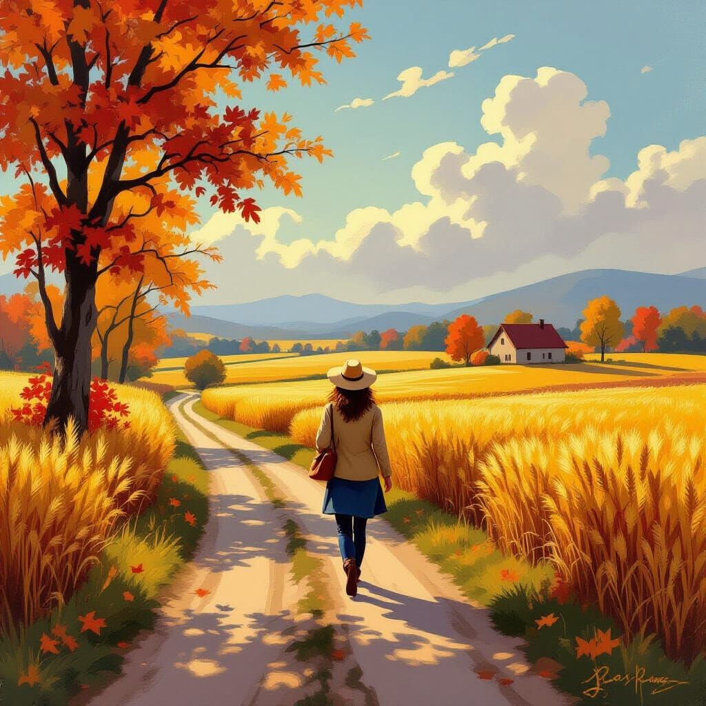 Woman Walking Rustic Road in Autumn